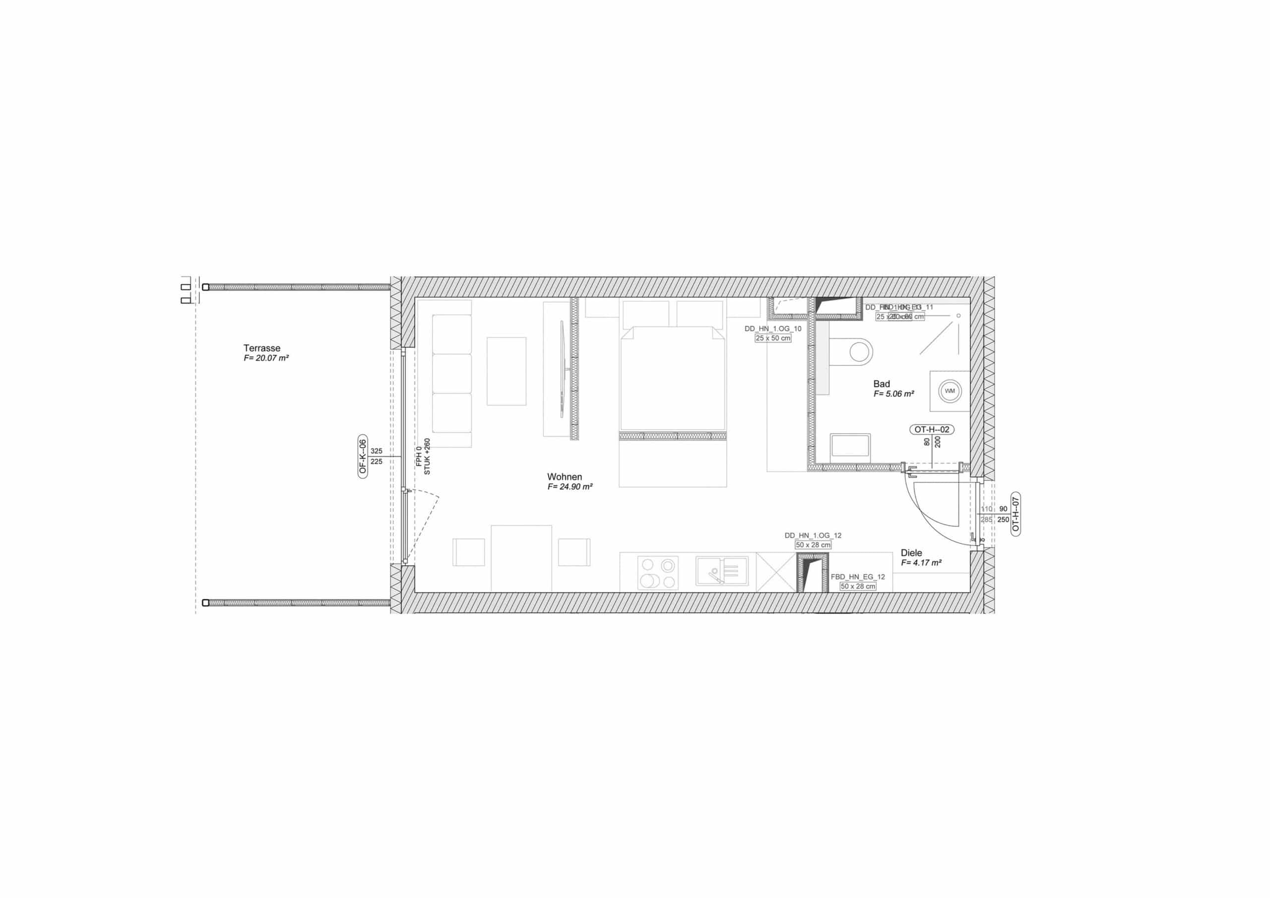 Grundriss der Ein-Zimmerwohnung Typ I mit Wohnraum, Bad, Diele und vorgelagerter Terrasse