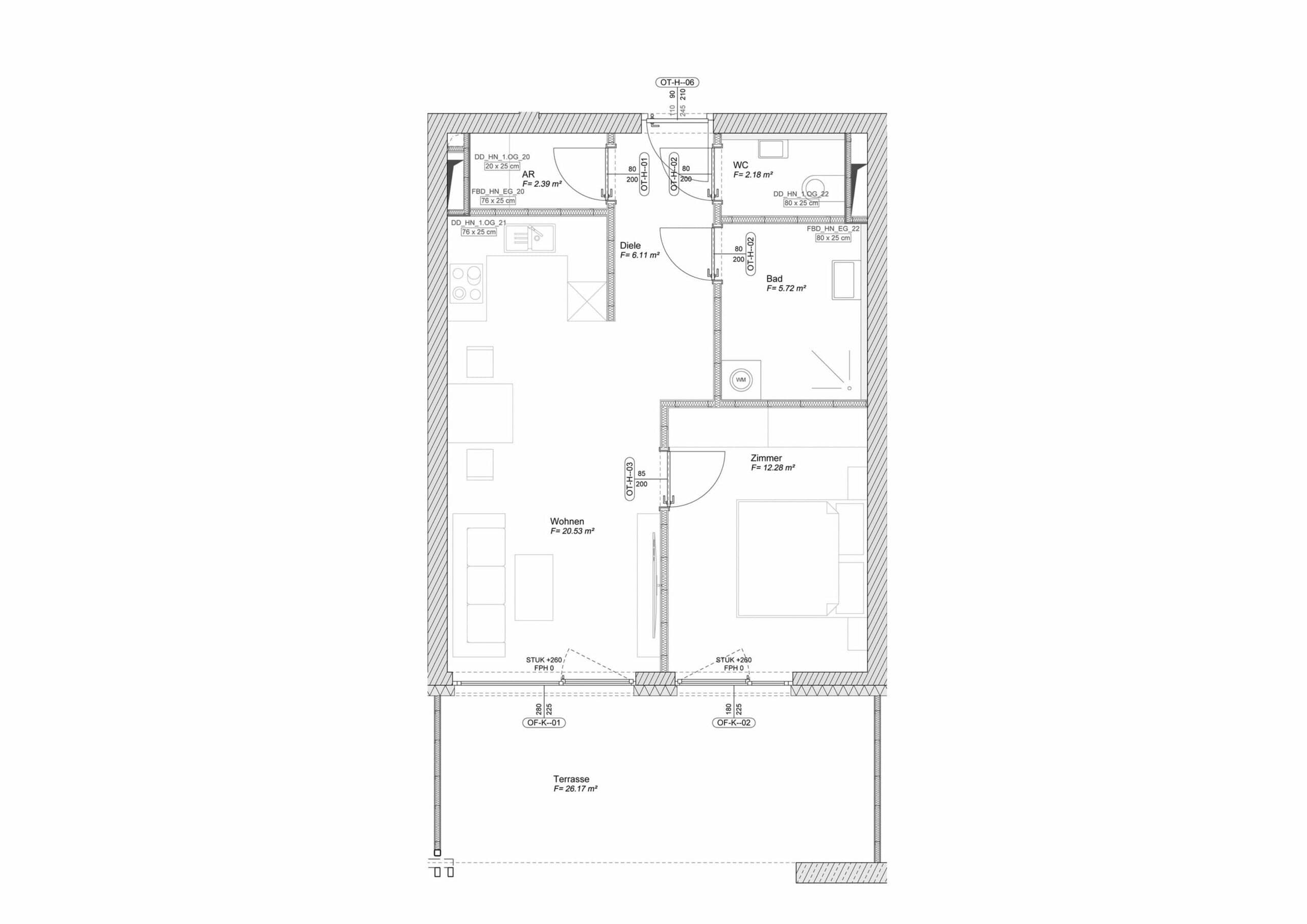 Grundriss der Zwei-Zimmerwohnung Typ I mit Wohnraum, Zimmer, Bad, WC und Balkon