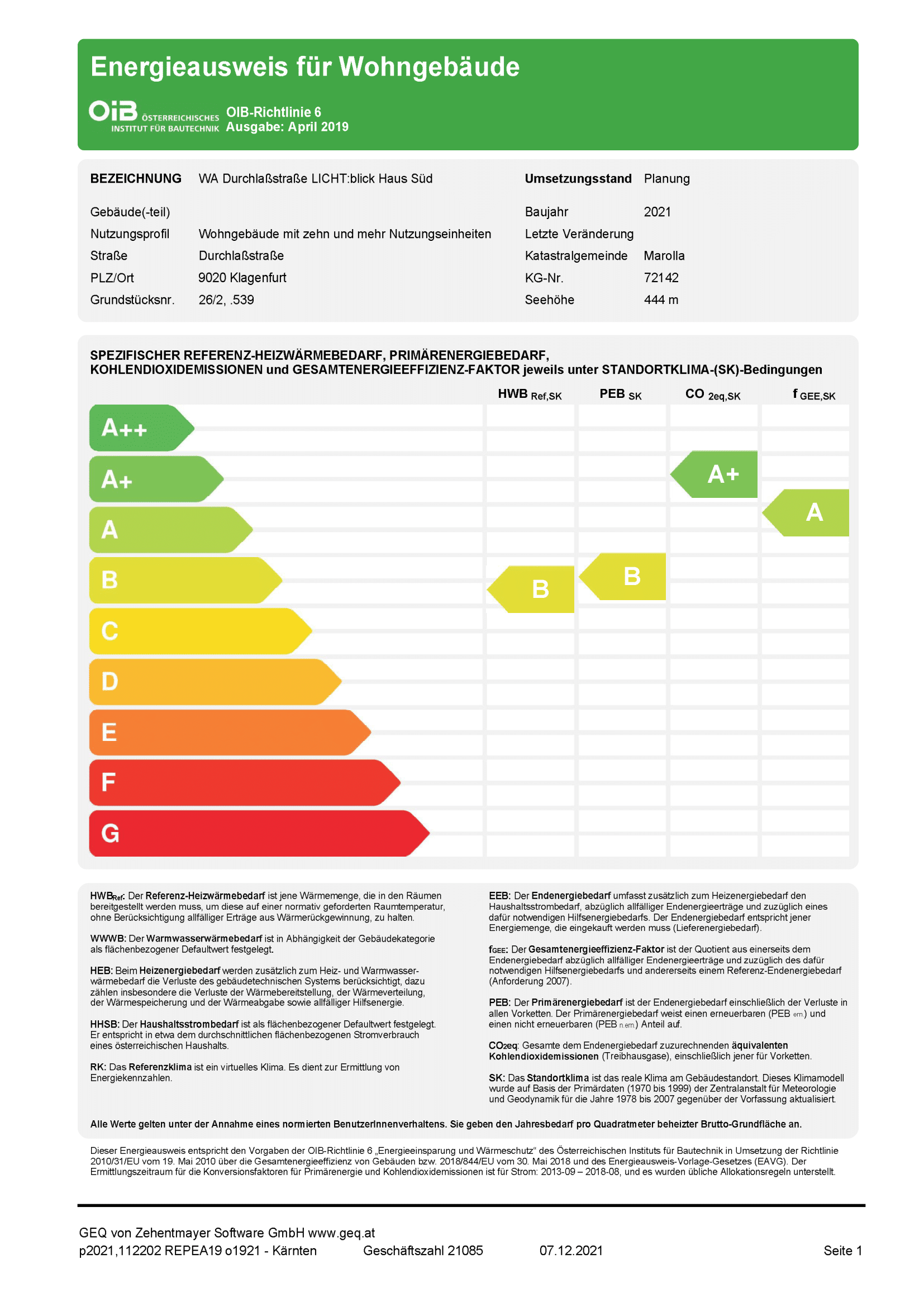 Deckblatt des Energieausweises für LICHT:blick Haus Süd mit farbiger Klassen-Skala