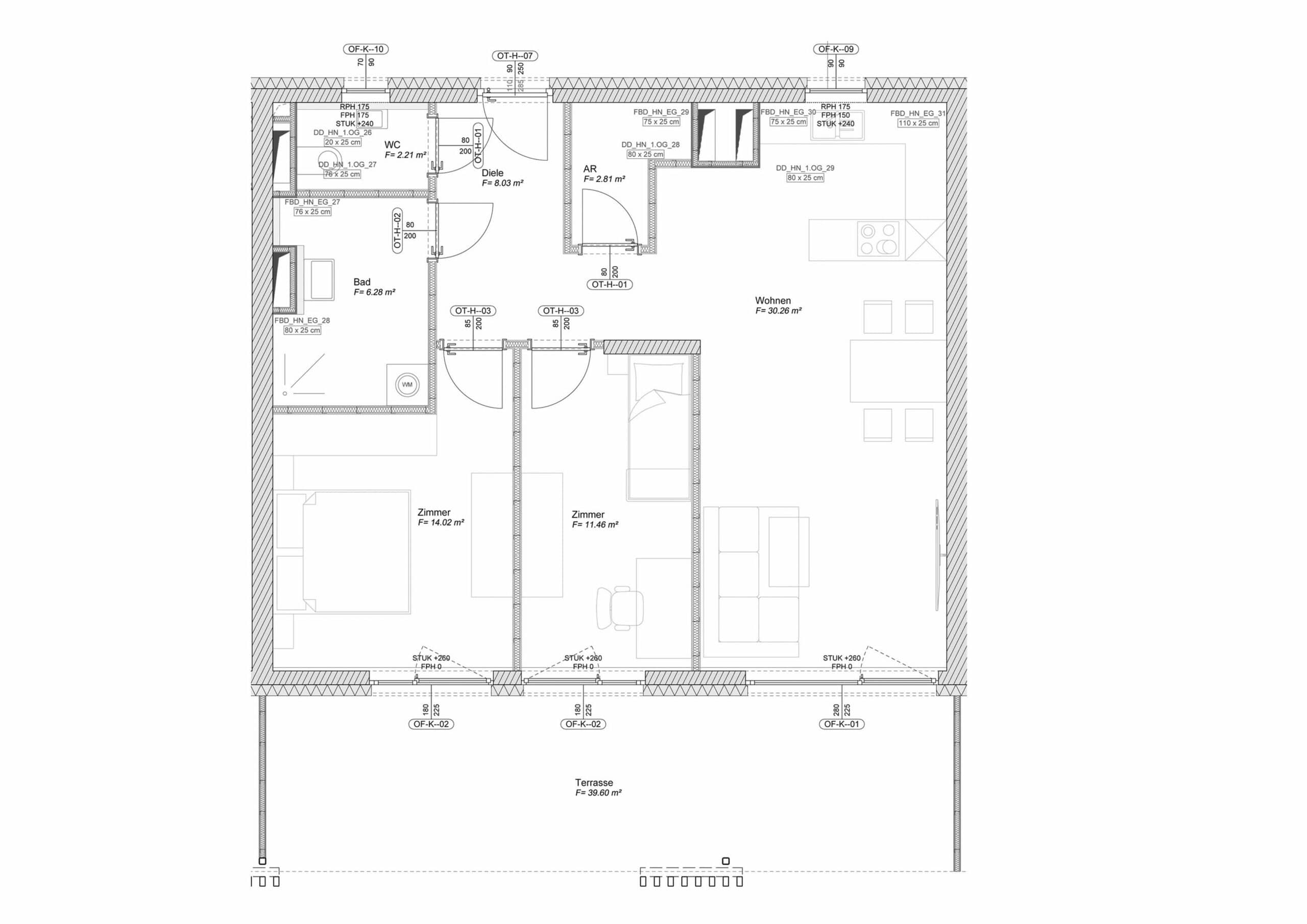 Grundriss der Drei-Zimmerwohnung Typ I mit Wohnraum, zwei Zimmern, Bad, WC und Terrasse