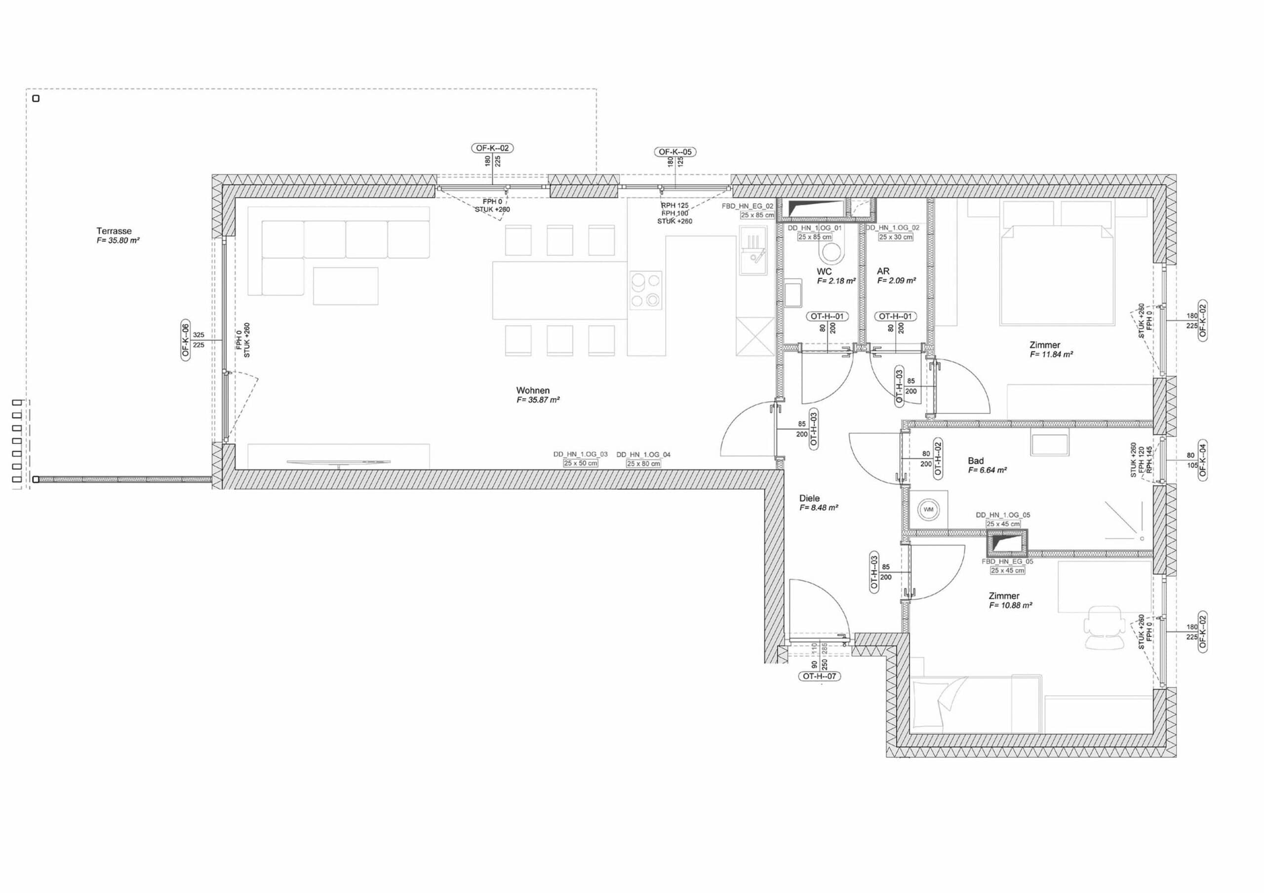 Grundriss der Drei-Zimmerwohnung Typ III mit durchgehendem Wohn-, Ess- und Küchenbereich