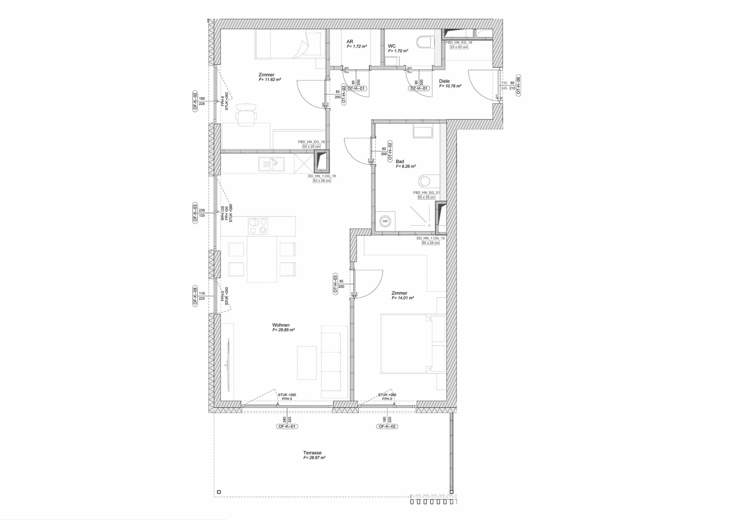Grundriss der Drei-Zimmerwohnung Typ IV mit Wohnraum, zwei Zimmern und Terrasse