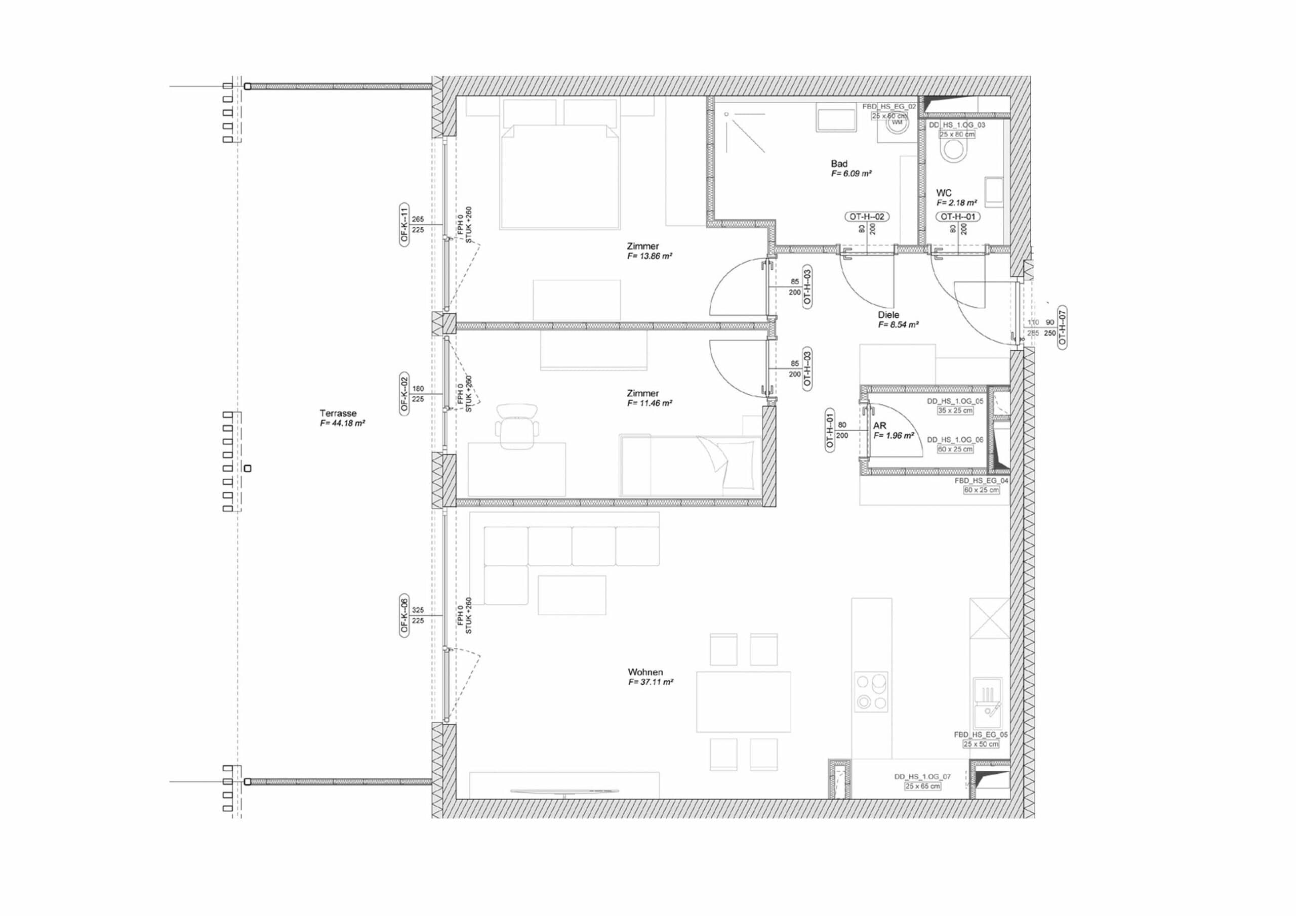 Grundriss der Drei-Zimmerwohnung Typ VI im Haus Süd mit großer Terrasse