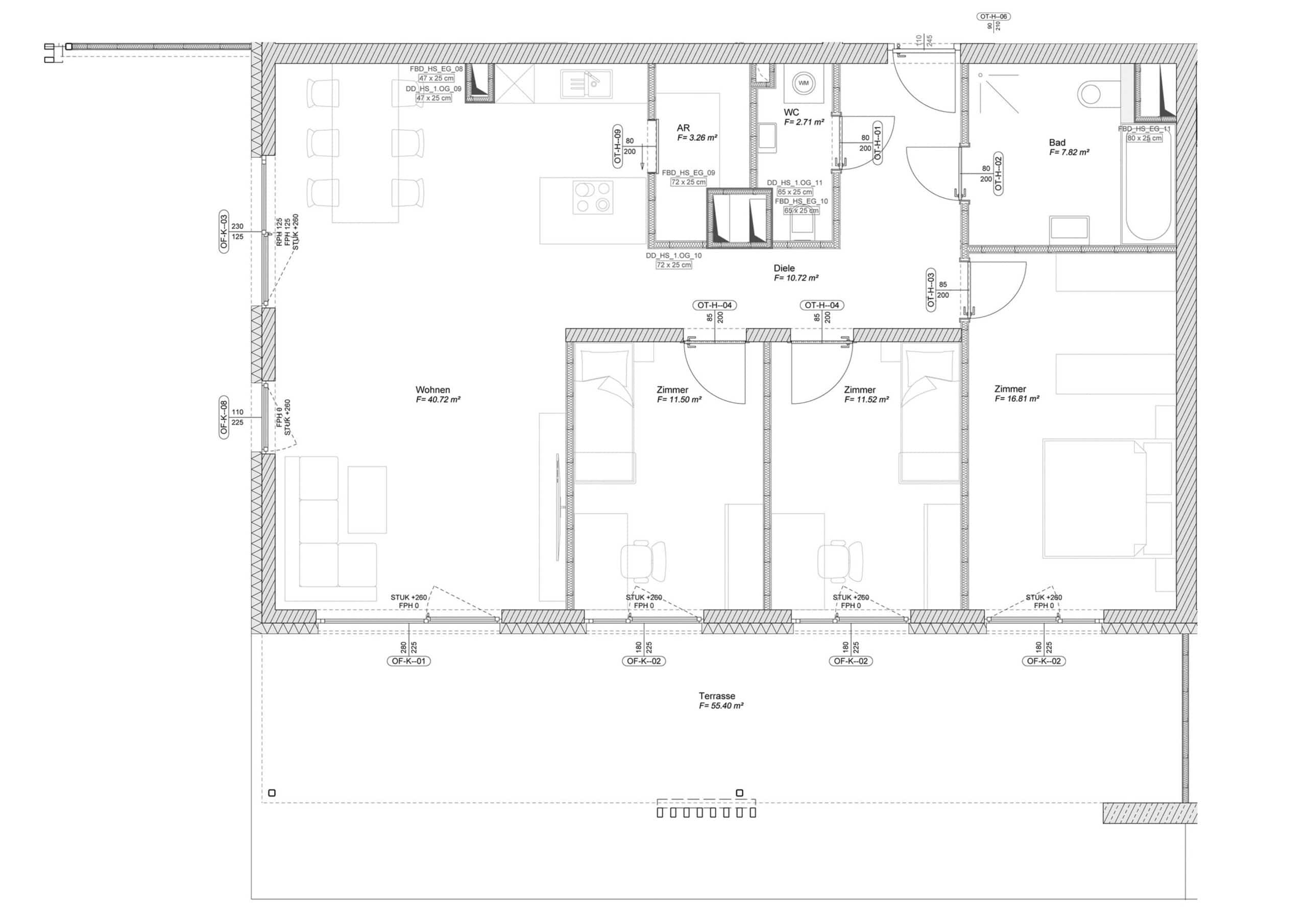 Grundriss der Vier-Zimmerwohnung Typ I im Haus Süd mit drei Zimmern, Wohnraum und großer Terrasse