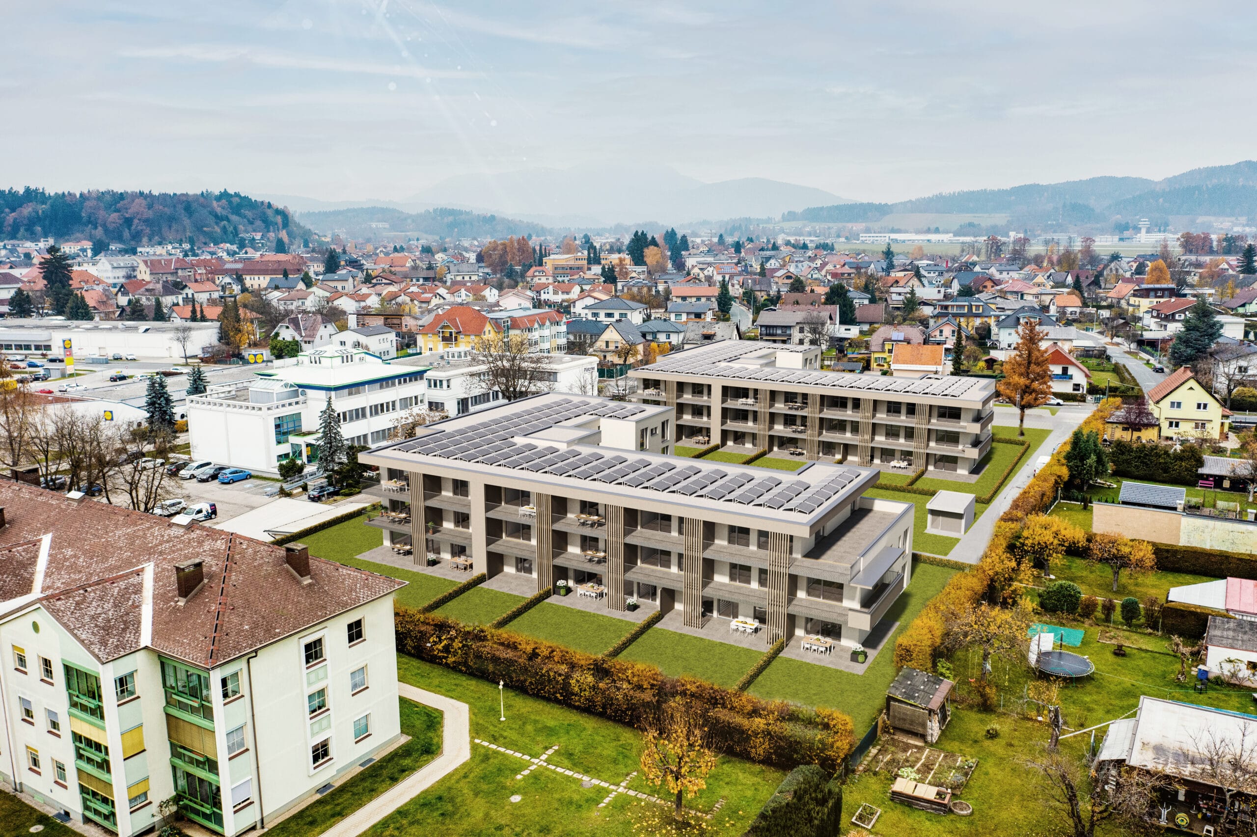 Rendering der beiden Baukörper von LICHT:blick mit begrünten Außenanlagen im Norden von Klagenfurt