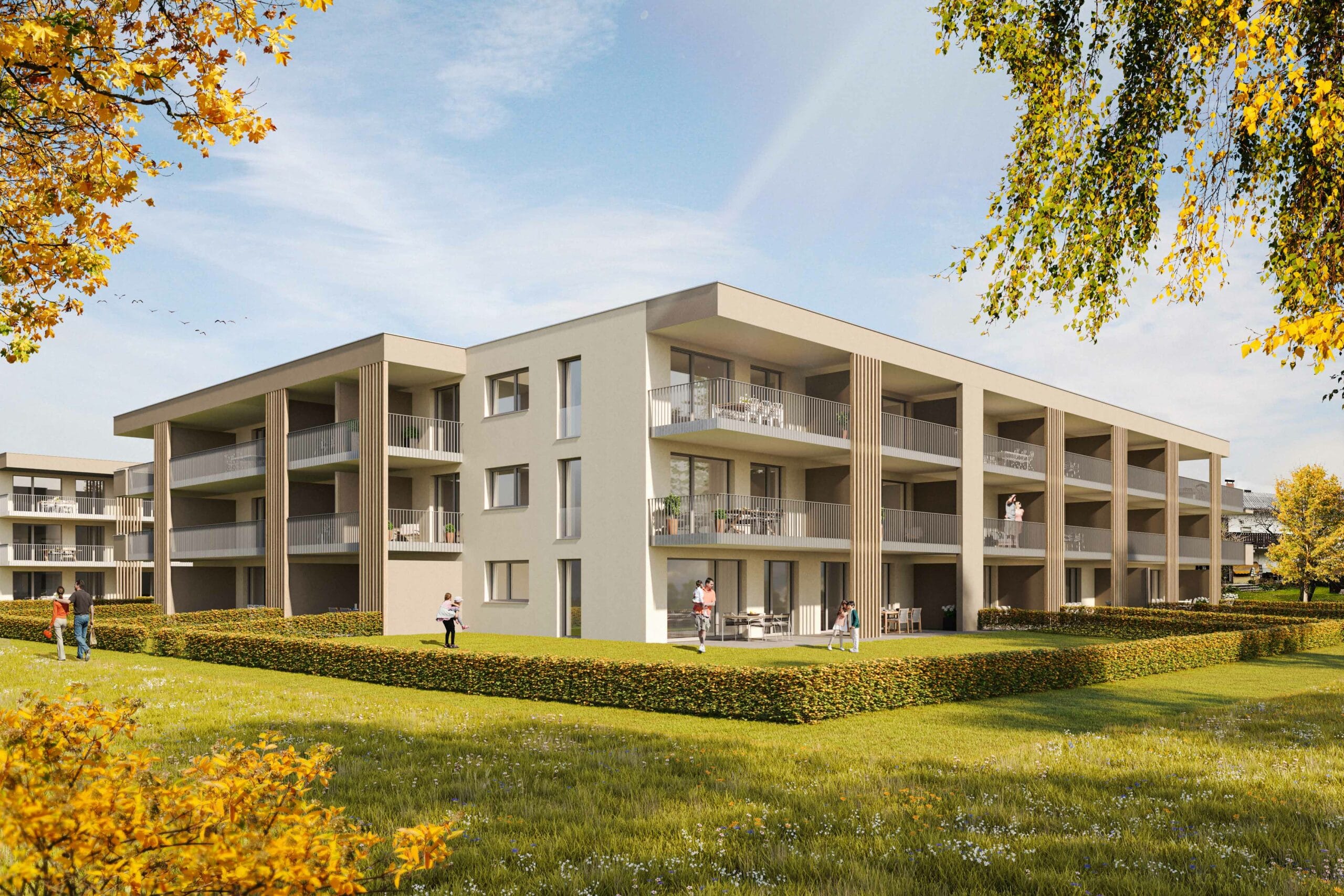 Rendering des Wohnprojekts LICHT:blick in Klagenfurt — zwei moderne Baukörper mit großzügigen Balkonen