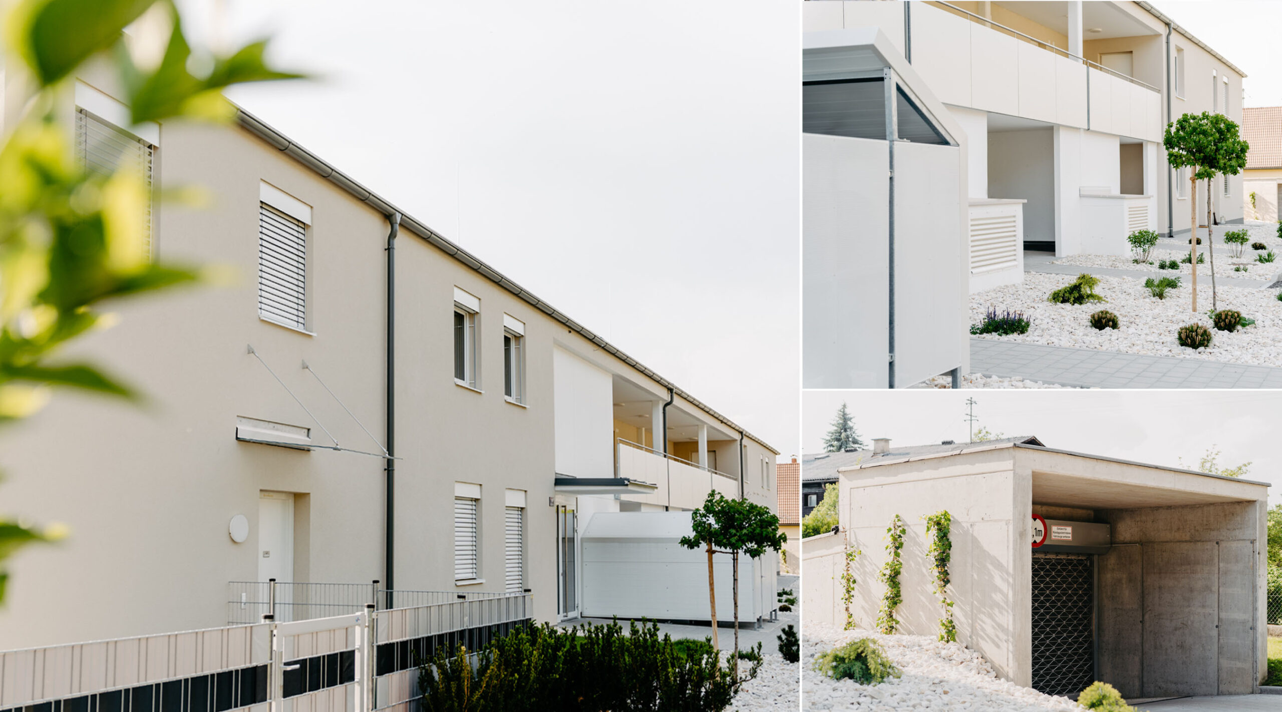 Bildcollage des fertiggestellten Wohnprojekts EDEL:Weiß in Viktring — Wohnanlage mit Balkonen und Grünflächen
