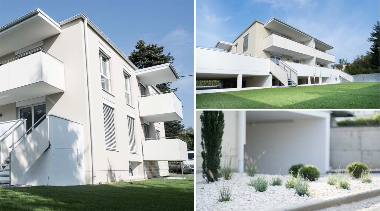 Bildcollage des fertiggestellten Wohnprojekts WIEGELE:Gasse — Wohnhaus mit auskragenden Balkonen und begrüntem Vorbereich