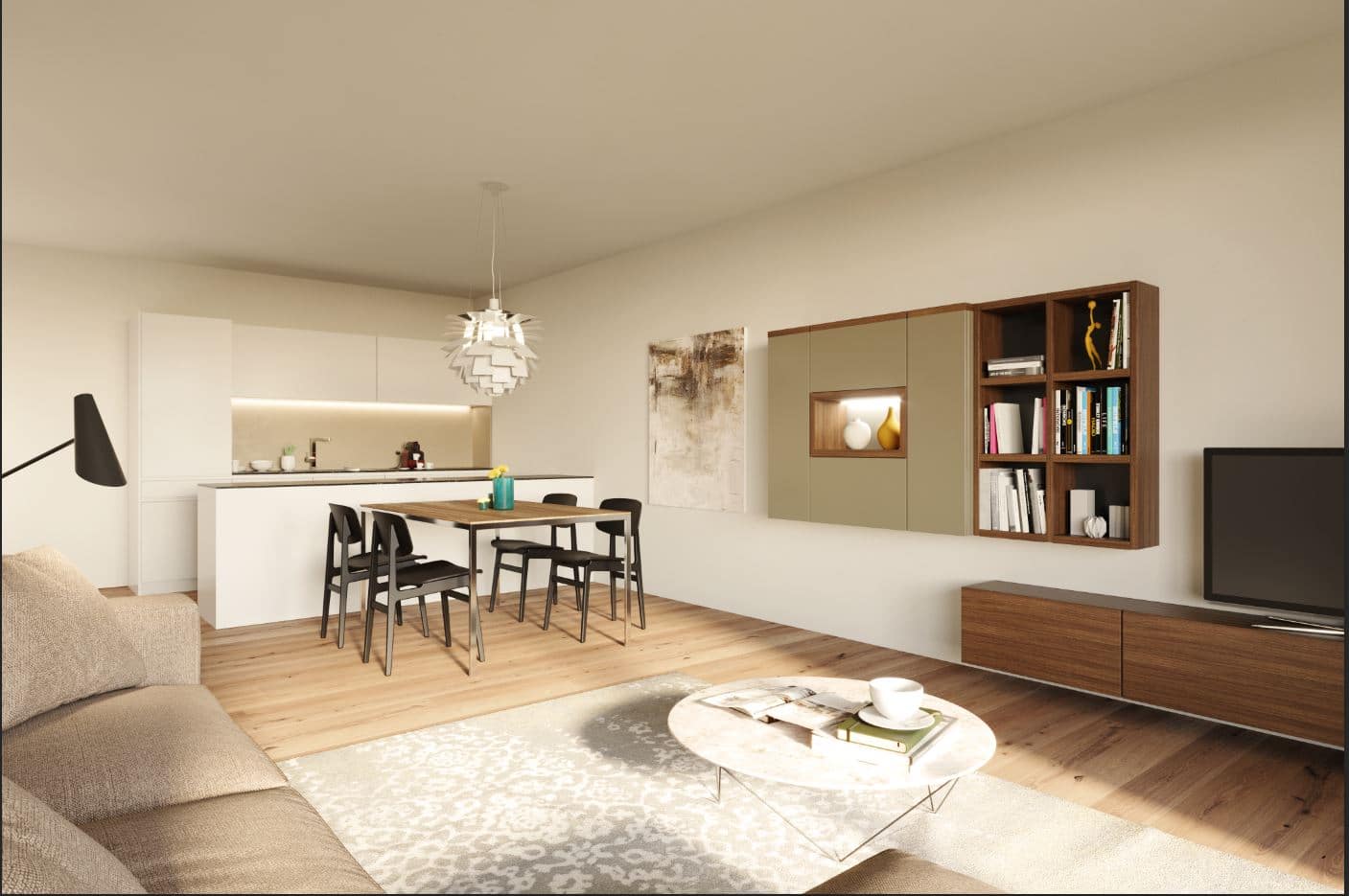 Rendering eines Badezimmers mit bodengleicher Dusche, rundem beleuchtetem Spiegel und Holz-Waschtisch
