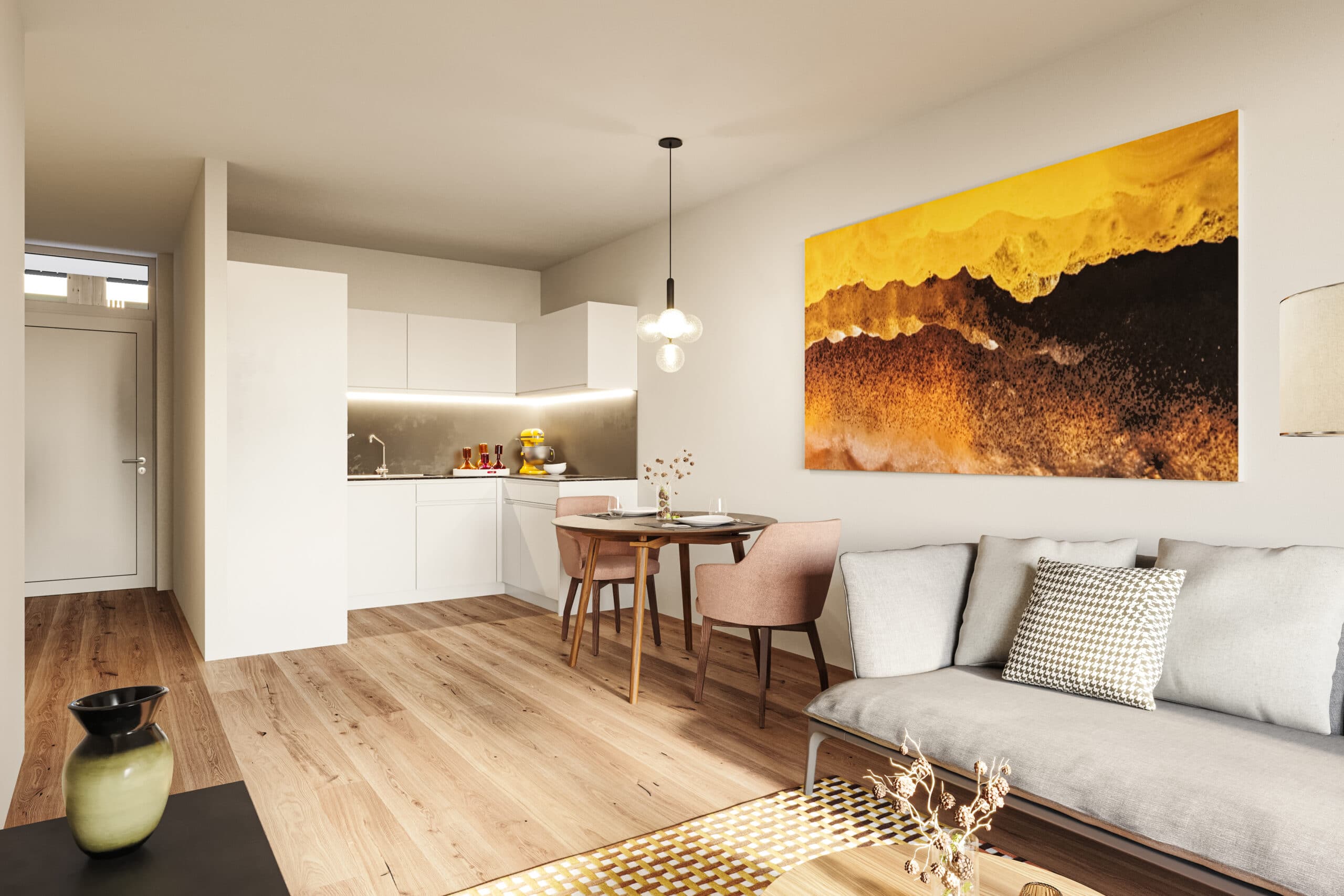 Rendering eines Wohn- und Essbereichs mit offener Küche, Esstisch und Sofa