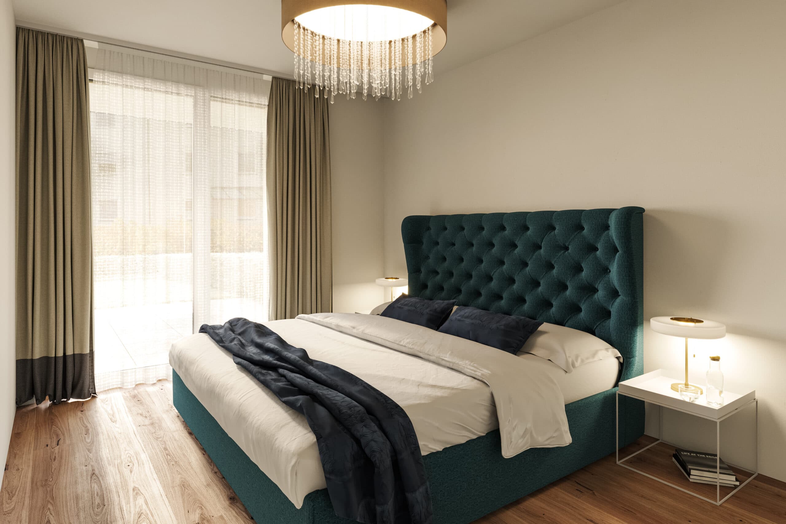 Rendering eines Schlafzimmers mit Doppelbett und Terrassentür
