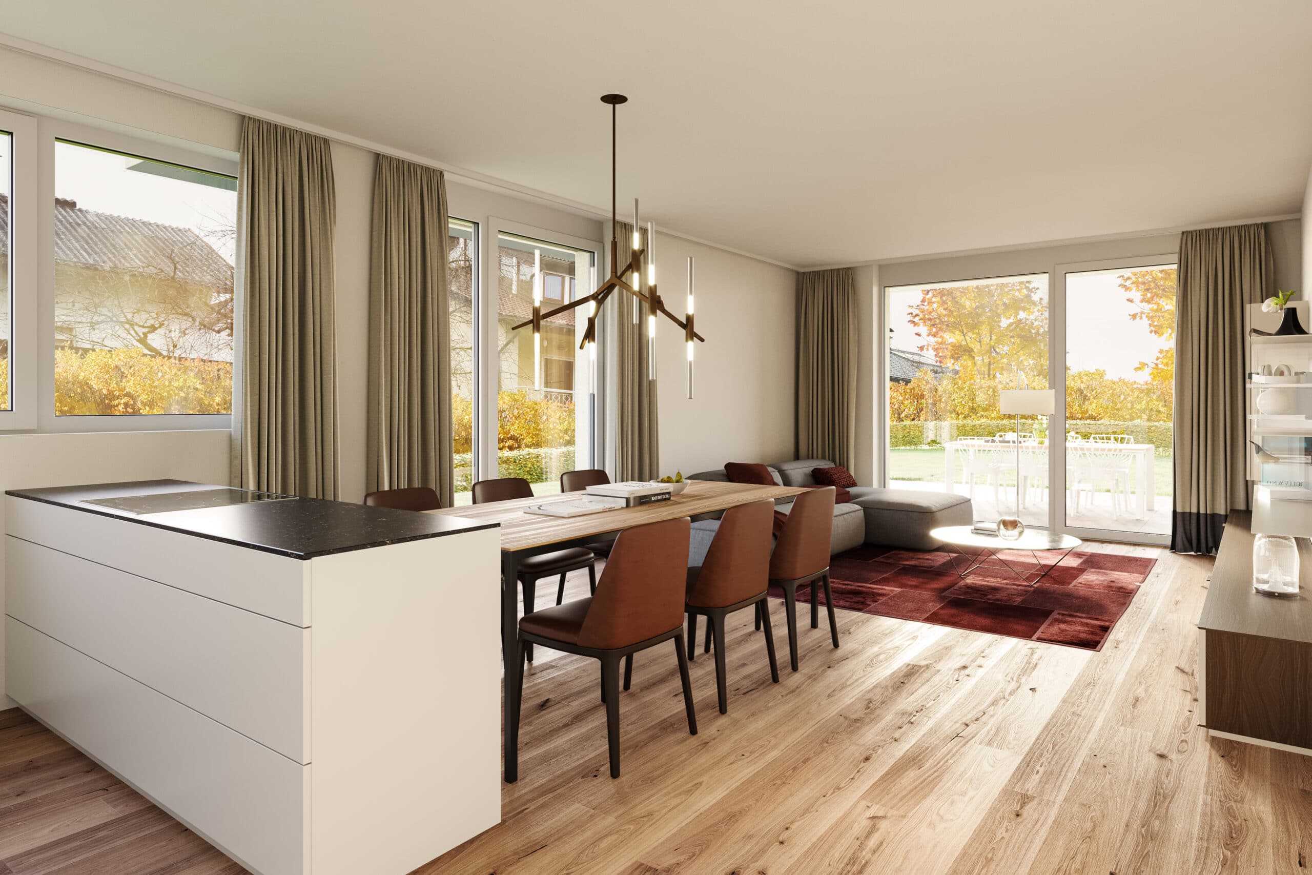 Rendering einer Wohnung im Projekt LICHT:blick — offener Wohn- und Essbereich mit Küchenzeile, Holzboden und raumhohen Fenstern zur Terrasse