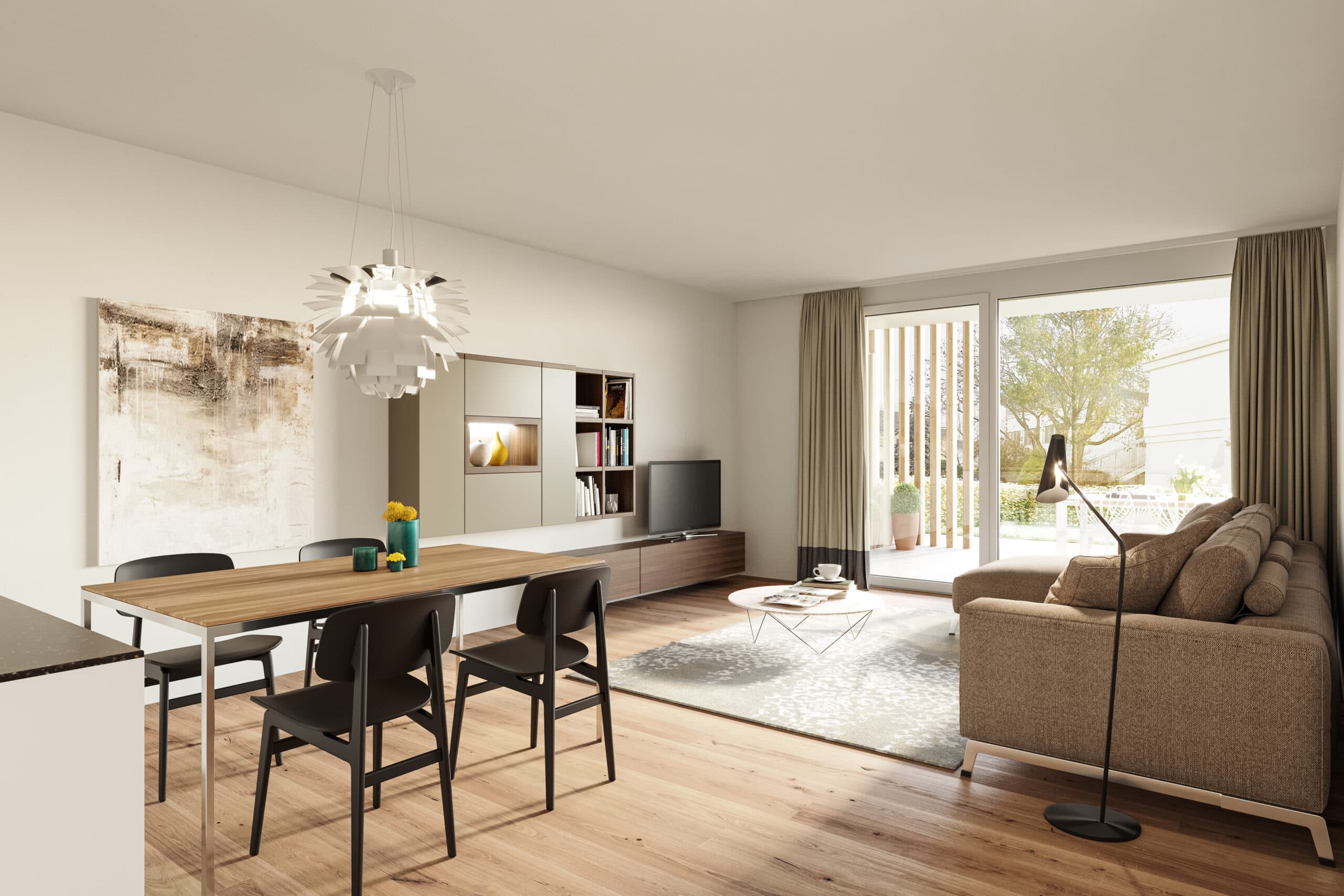Rendering eines Wohnzimmers mit Sofa, TV-Lowboard und Essbereich mit Kücheninsel im Hintergrund