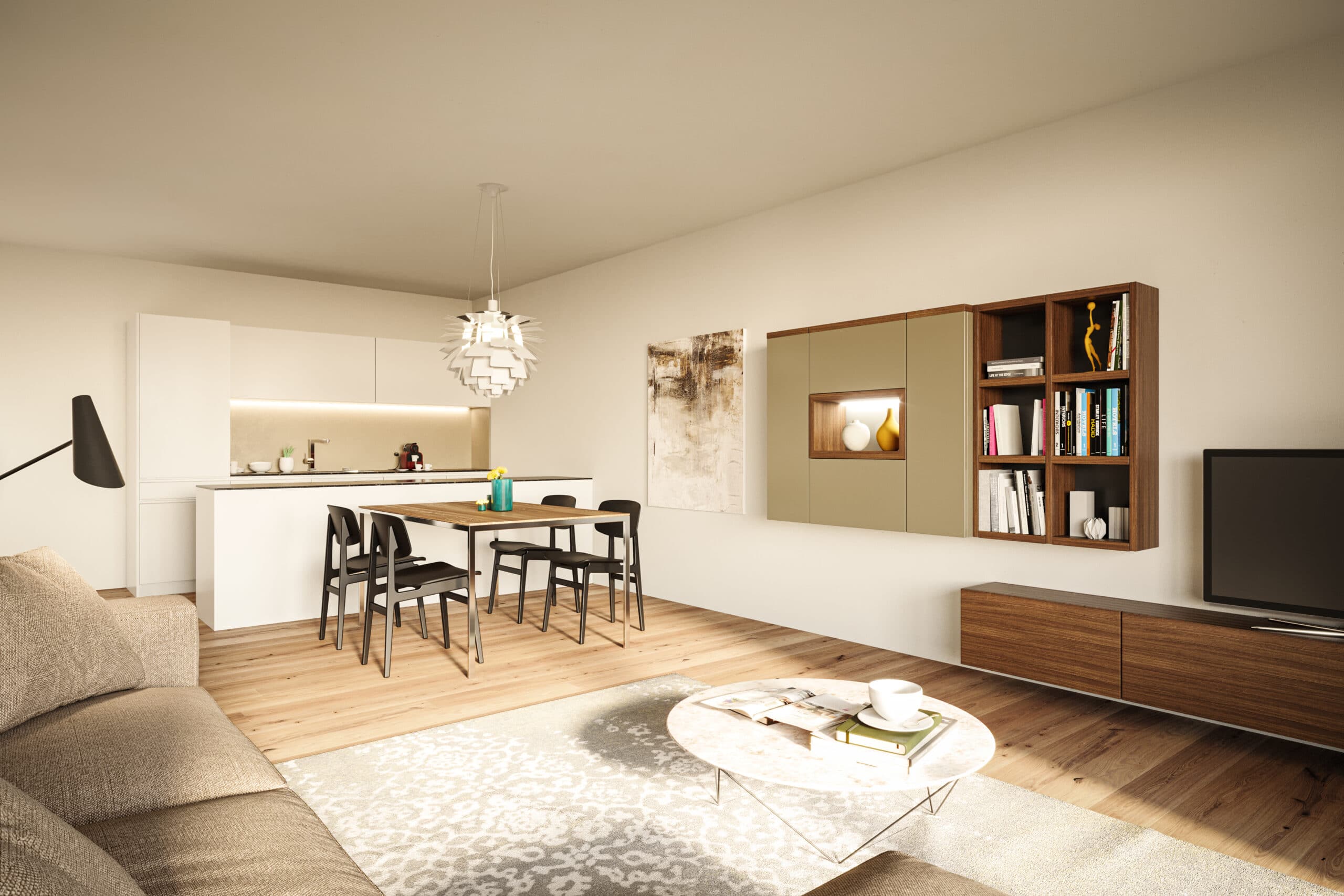 Rendering eines Wohn- und Essbereichs mit Kücheninsel, Bücherregal und Sofa